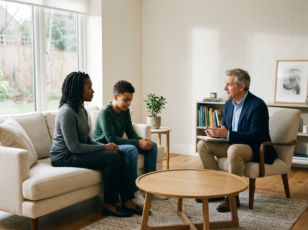 Therapist and two young individuals in a therapy session in a bright, cozy room with a large window, bookshelf, and framed artwork, engaging in conversation.