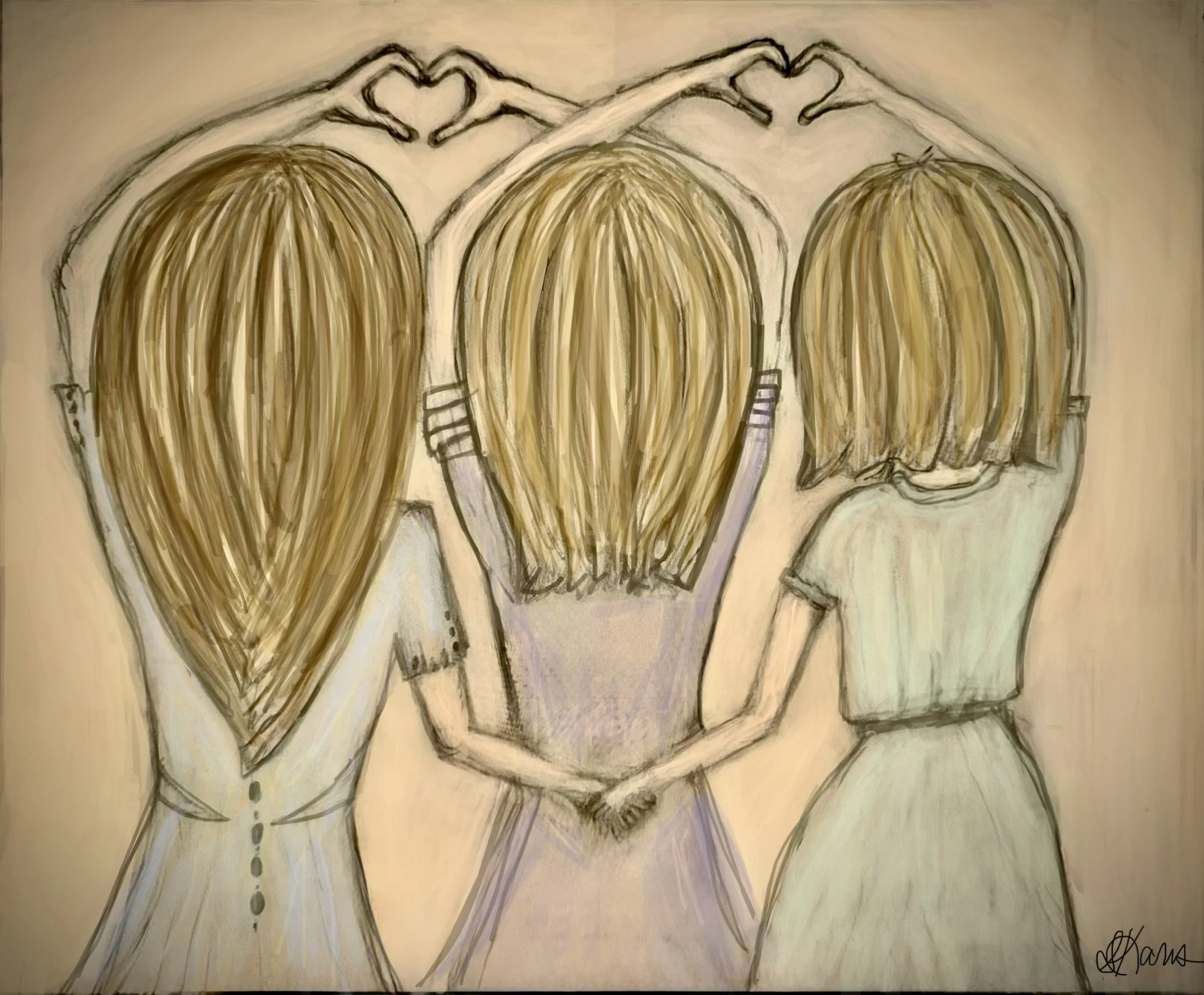 Drawing of three young sisters with light golden brown hair standing together and holding hands, facing away from the viewer. They are positioned to create decorative with hearts with their hands and arms.