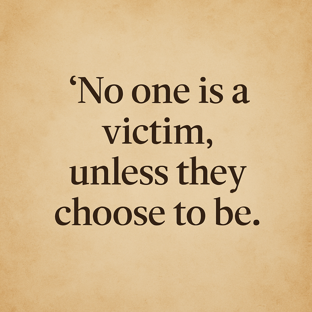Inspirational quote on a beige textured background that reads, 'No one is a victim, unless they choose to be.'