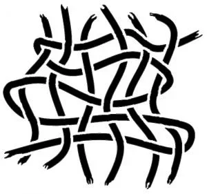 Abstract black and white geometric pattern with interconnected curved lines.