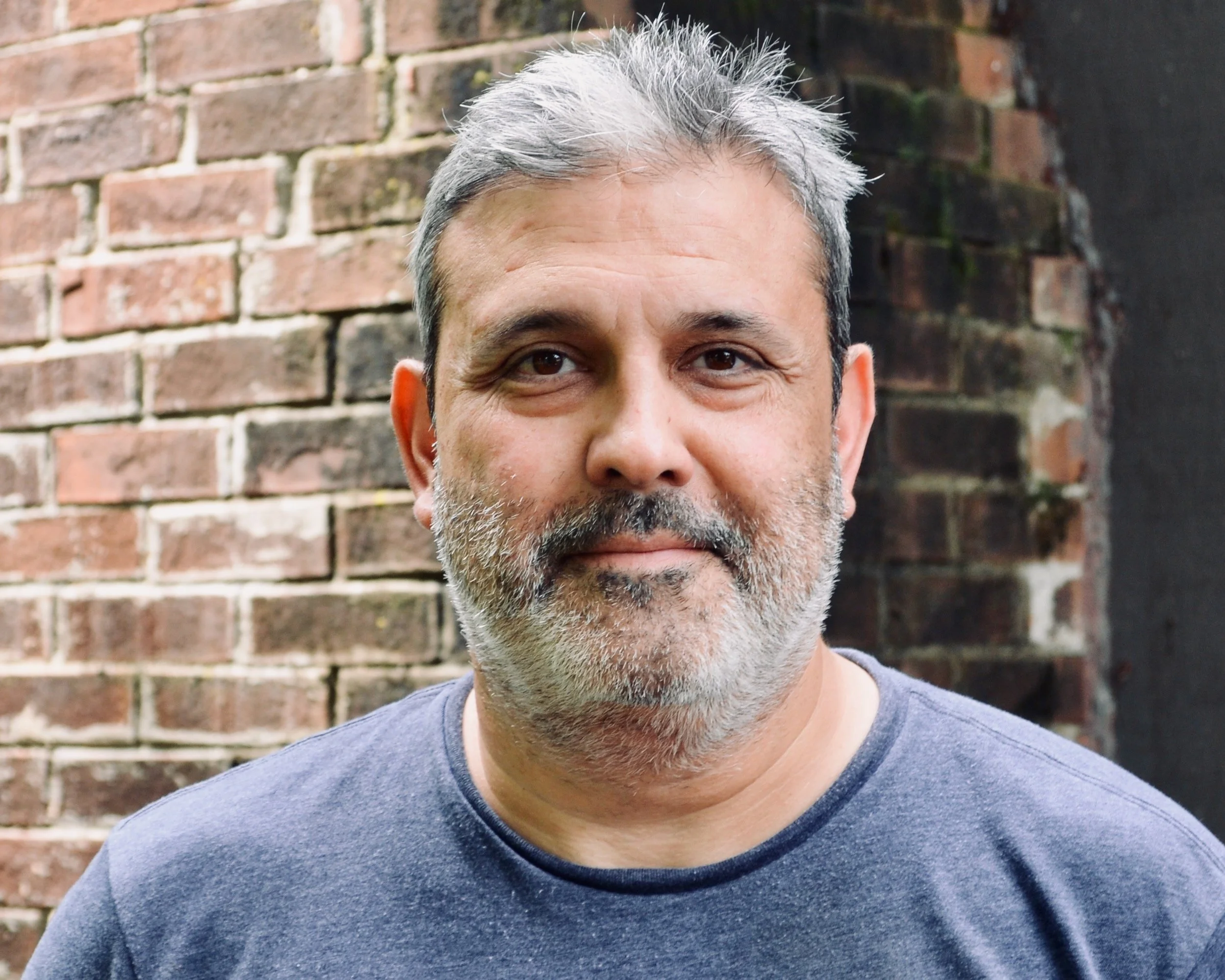 Close-up of a middle-aged man with gray hair and a beard, standing outdoors in front of a stone wall, wearing a beige shirt.