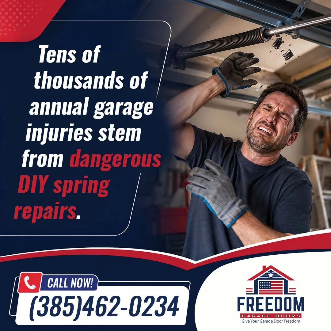 Distressed homeowner grimacing and shielding his face after a garage door spring snaps overhead during a repair attempt.