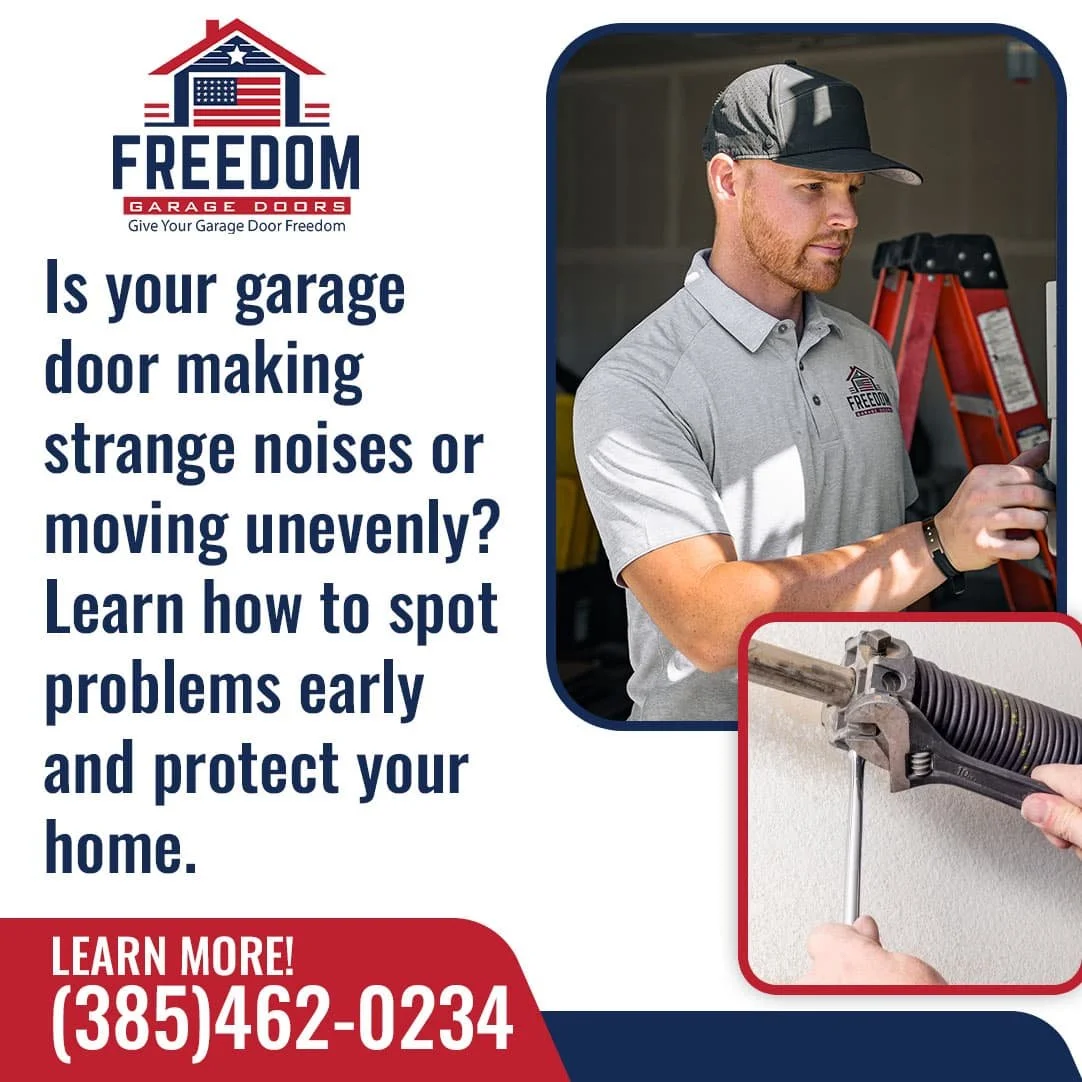 Ad for Freedom Garage Doors showing a technician with a wrench. Text asks if your garage door is making strange noises or moving unevenly and offers help.