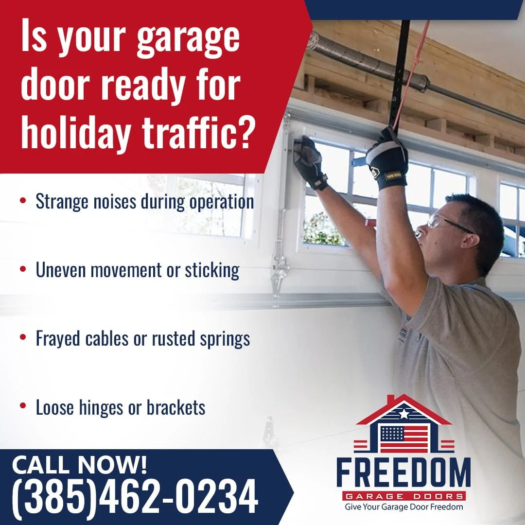 A technician wearing safety glasses and gloves repairs a garage door, with text asking if your garage door is ready for holiday traffic.
