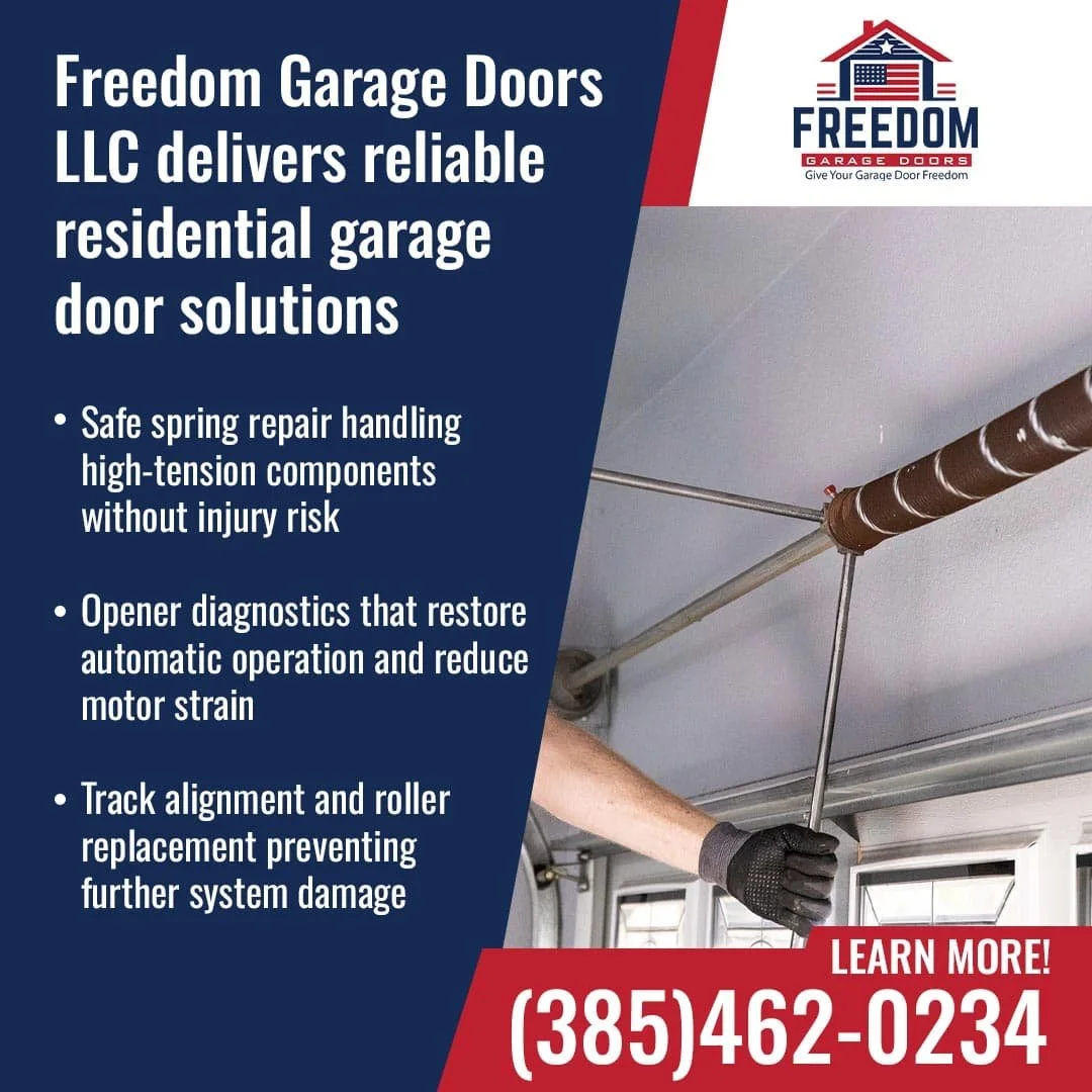 Technician adjusting a garage door torsion spring with tools, demonstrating safe residential garage door repair and maintenance.