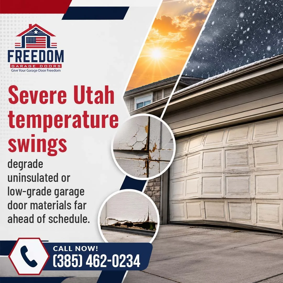 An ad for Freedom Garage Doors showing the contrast between a hot summer sun and a snowy winter night, with close-up images of a cracked and rotting uninsulated garage door.