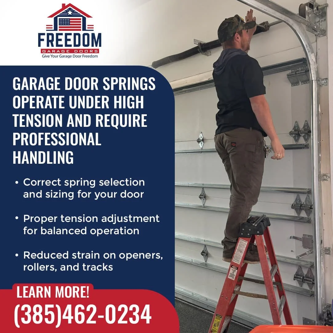 Technician standing on a ladder adjusting a high-tension garage door spring inside a residential garage