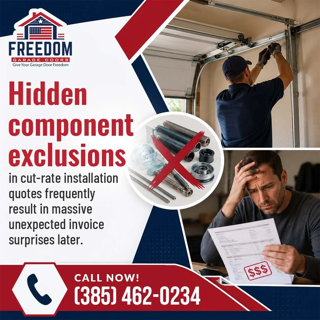An advertisement for Freedom Garage Doors showing the contrast between a hot sun and falling snow, with close-up images of a cracked and rotting uninsulated garage door.