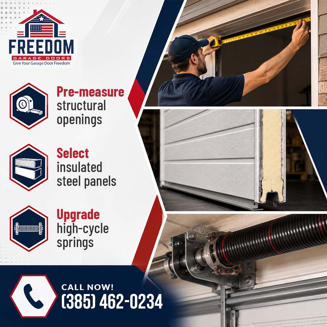 A technician measuring a garage door frame, a close up cross section of an insulated steel panel, and a heavy duty torsion spring assembly on a Freedom Garage Doors graphic.