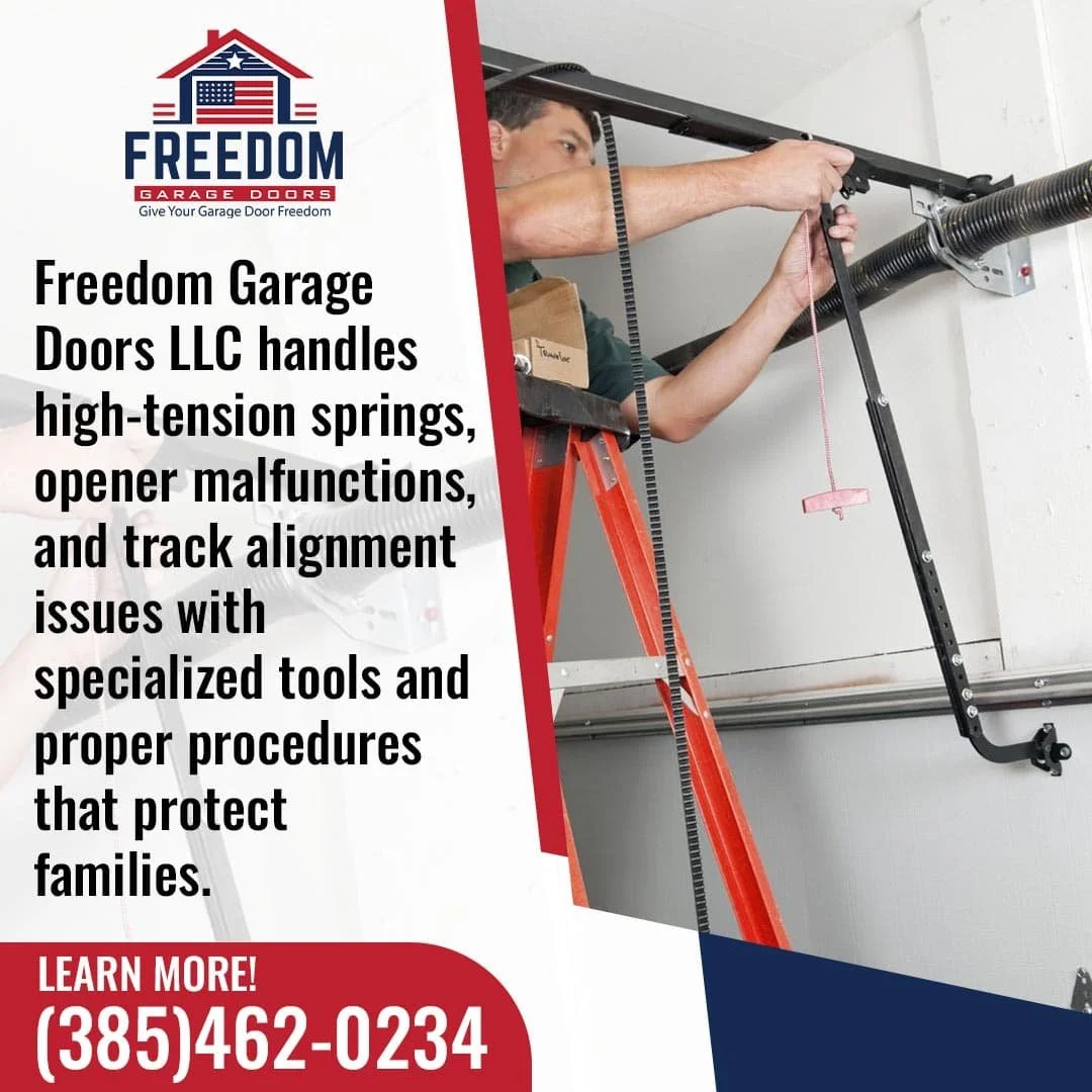Technician on a ladder adjusting a garage door spring system, highlighting professional repair of high-tension components.