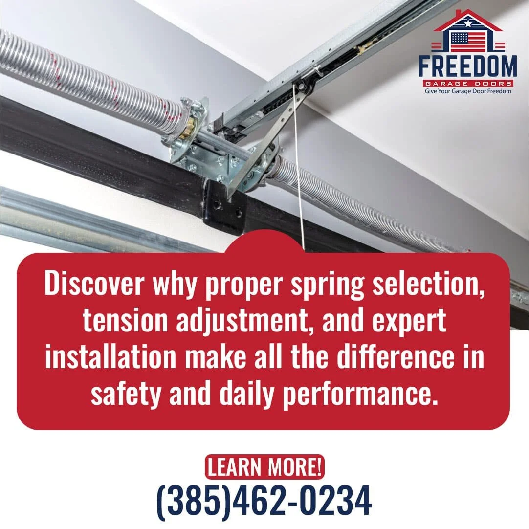 Ad for Freedom Garage Doors showing a garage door spring system.