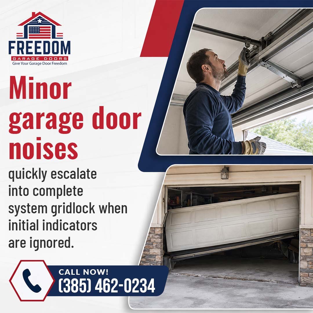 Promotional graphic for Freedom Garage Doors showing a technician repairing a door and an image of a broken, crooked garage door.