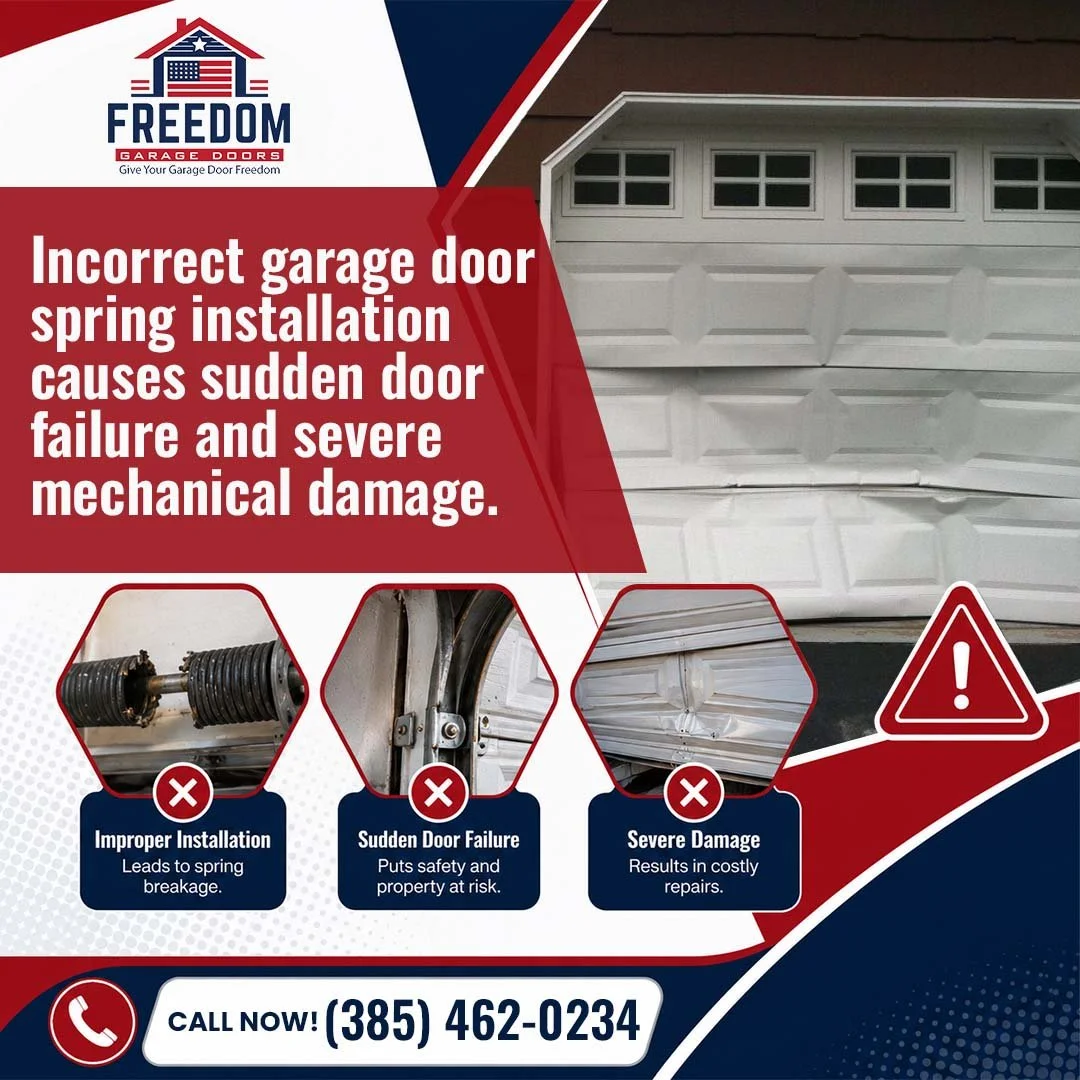 Severely damaged and buckled white garage door panels alongside three warning insets showing broken springs, hardware failure, and door panel damage.