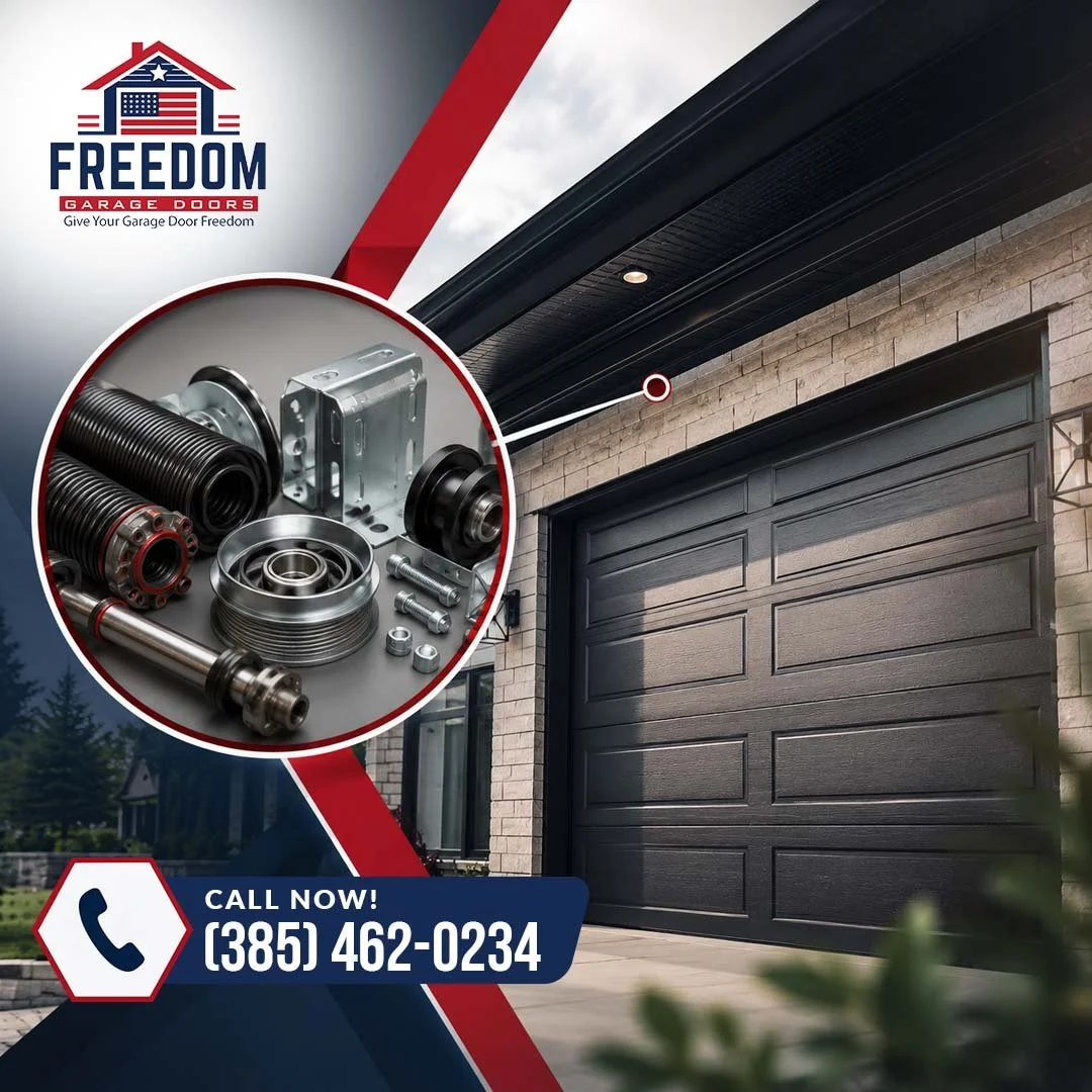 A promotional ad for Freedom Garage Doors showing a modern black garage door and a close-up circle of high-quality replacement parts like torsion springs, rollers, and hinges.