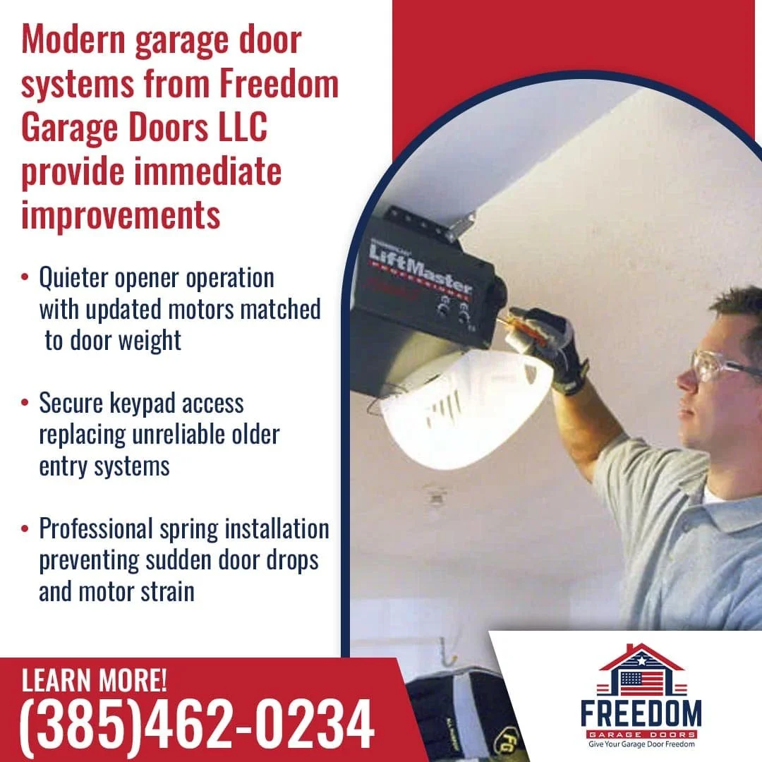 Technician installing or adjusting a modern garage door opener to improve performance and reliability.