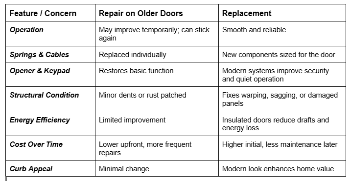 Table comparing garage door repair on older doors versus full replacement across operation, components, efficiency, cost, and curb appeal.