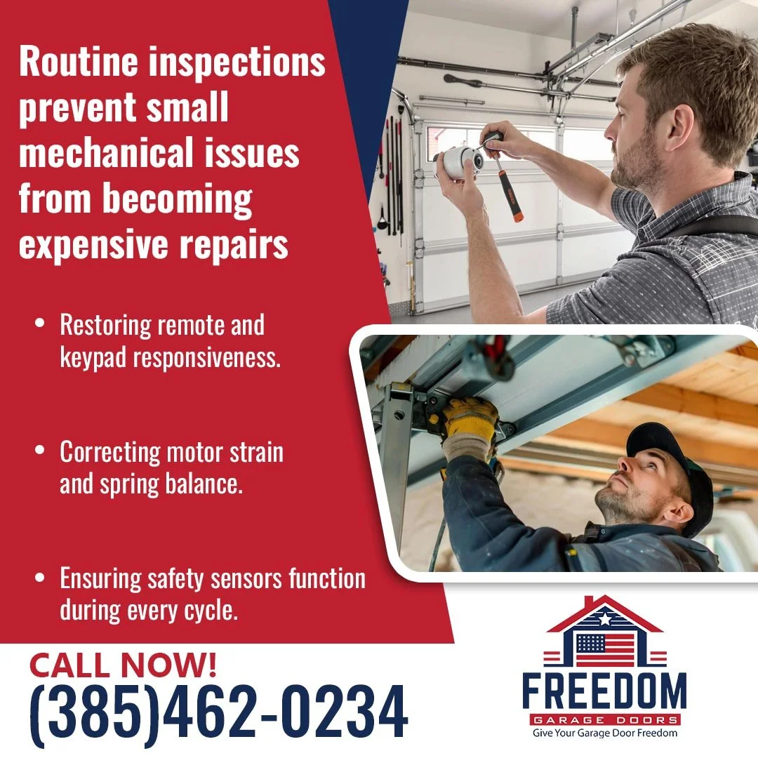 Garage door technicians performing routine inspections, opener adjustments, and safety checks on residential garage door systems.