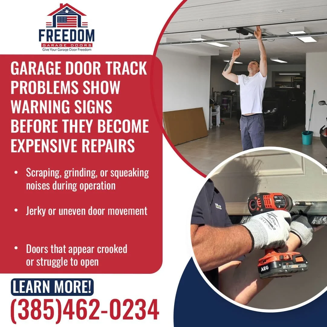 Ad for Freedom Garage Doors showing a technician working on a garage door track.