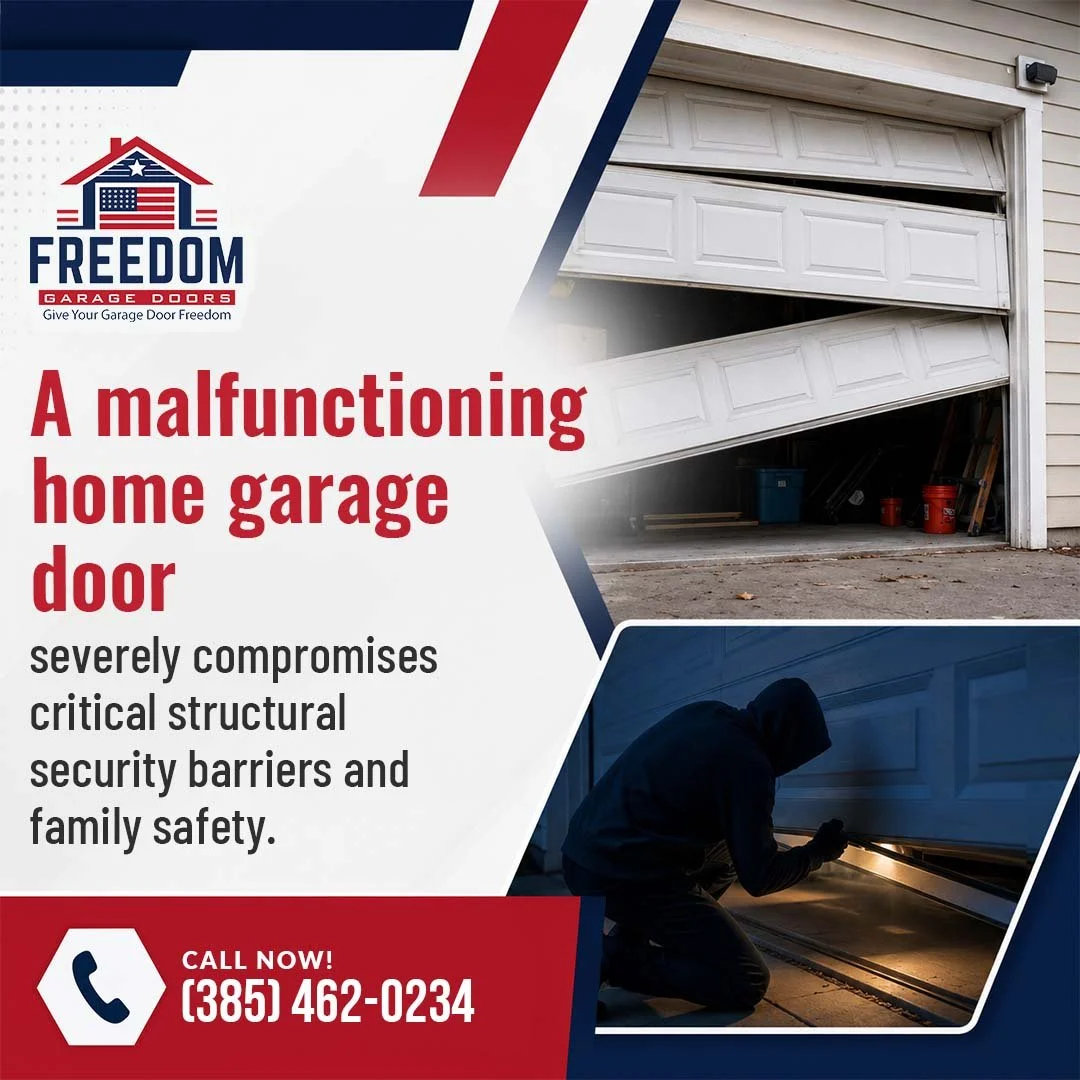 A security warning ad from Freedom Garage Doors showing a broken garage door and a hooded intruder attempting to break in through a gap.