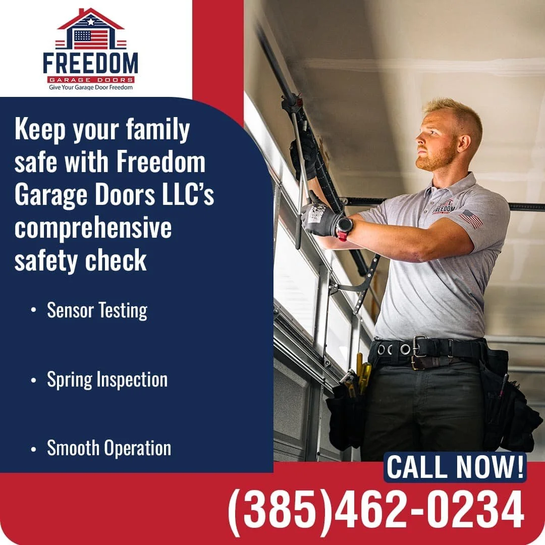 Technician inspecting garage door track and components for safety and performance