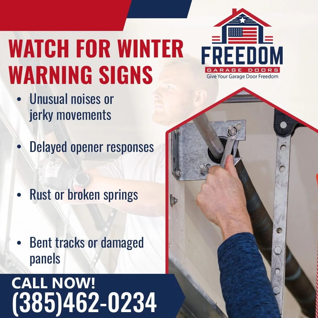 Technician inspecting a garage door spring for winter-related damage