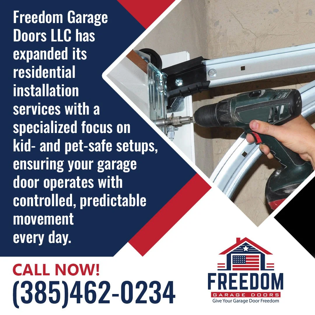 A technician using a power drill to install a secure, residential garage door track system.