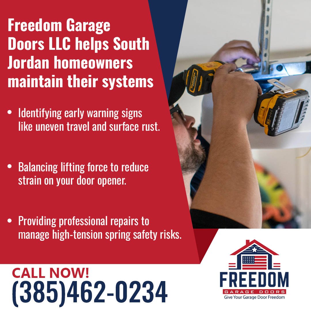 A technician using a power drill to repair a garage door system, with a red and blue graphic listing maintenance services by Freedom Garage Doors LLC.
