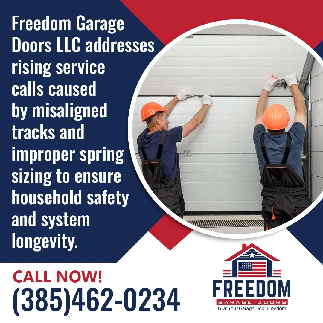 Garage door technicians aligning tracks and adjusting door components to improve safety, balance, and system performance.