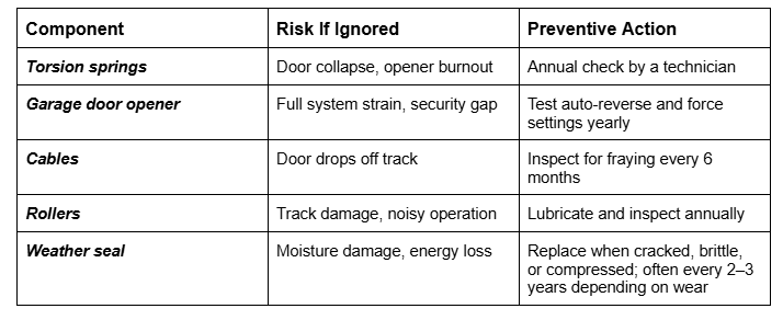 A maintenance table for garage doors listing five key components: Torsion springs, Garage door opener, Cables, Rollers, and Weather seal.
