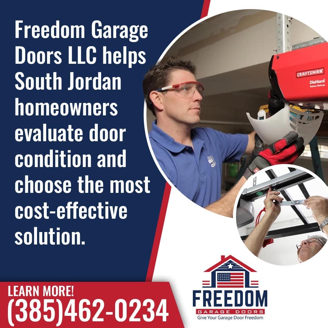 Technician inspecting a garage door opener system while evaluating door condition for repair or replacement options.