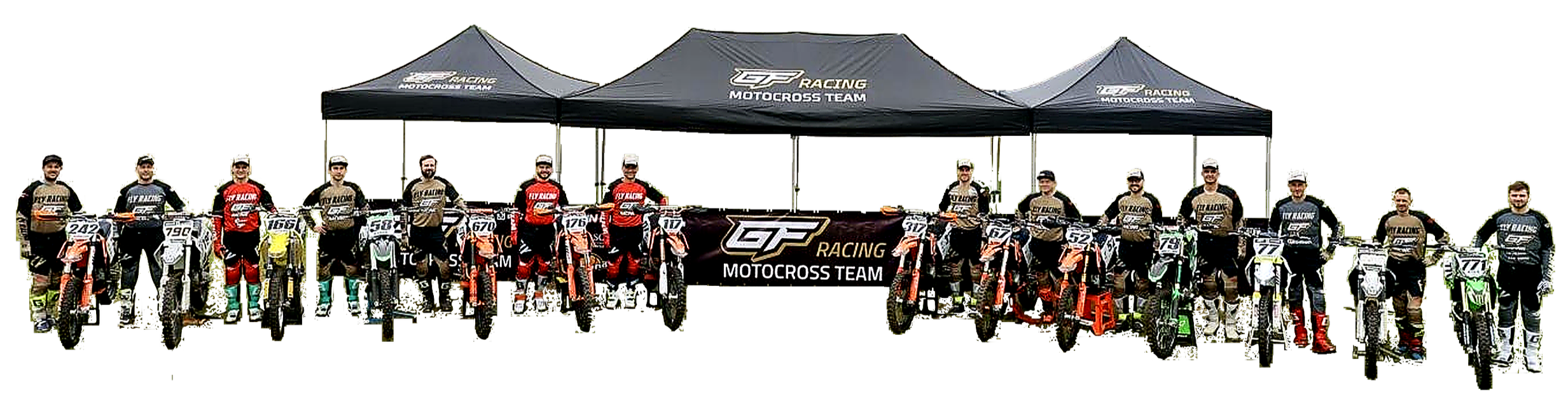GF Racing Team riders lined up in front of the team tent