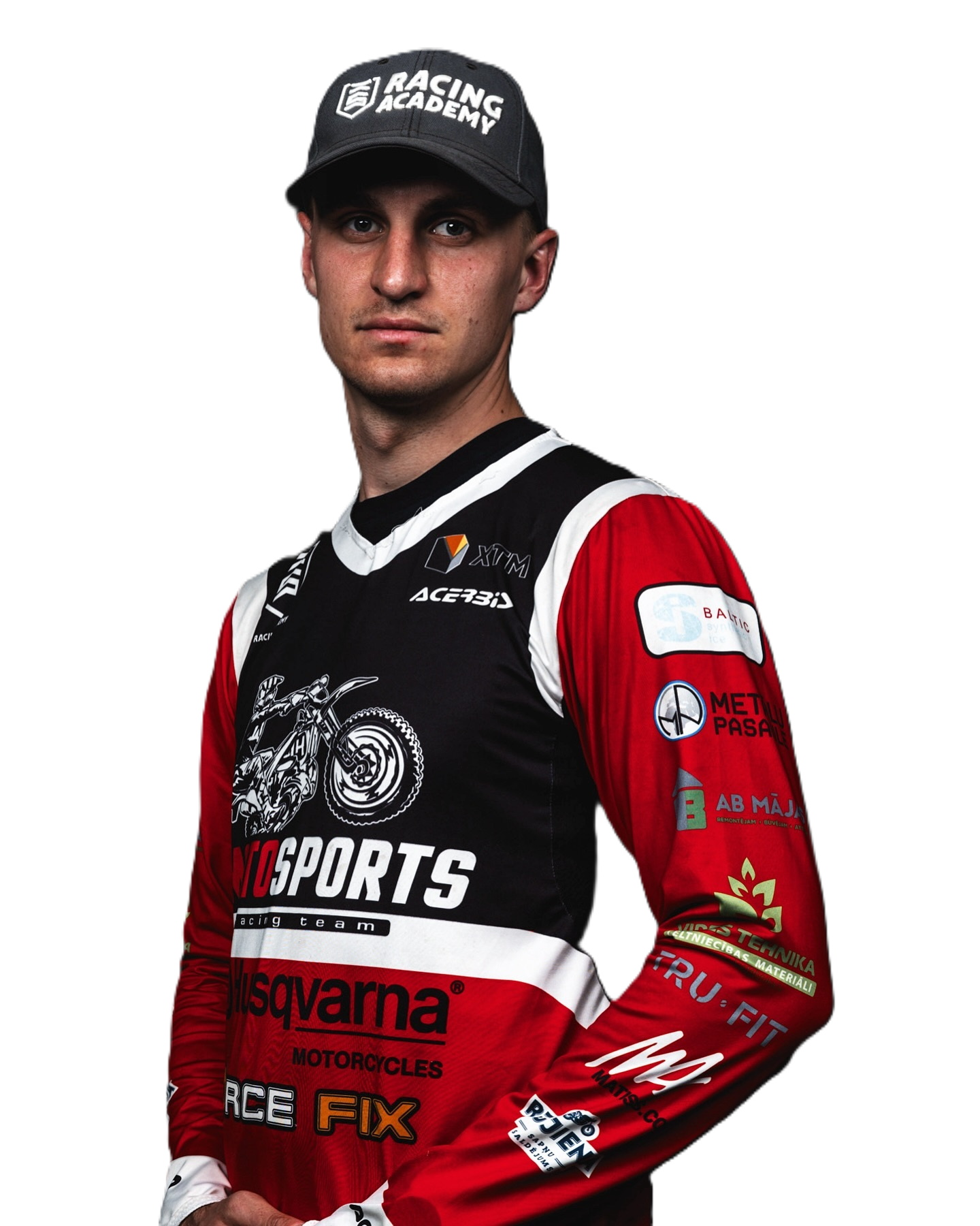 Kārlis Sabulis in racing gear, studio portrait