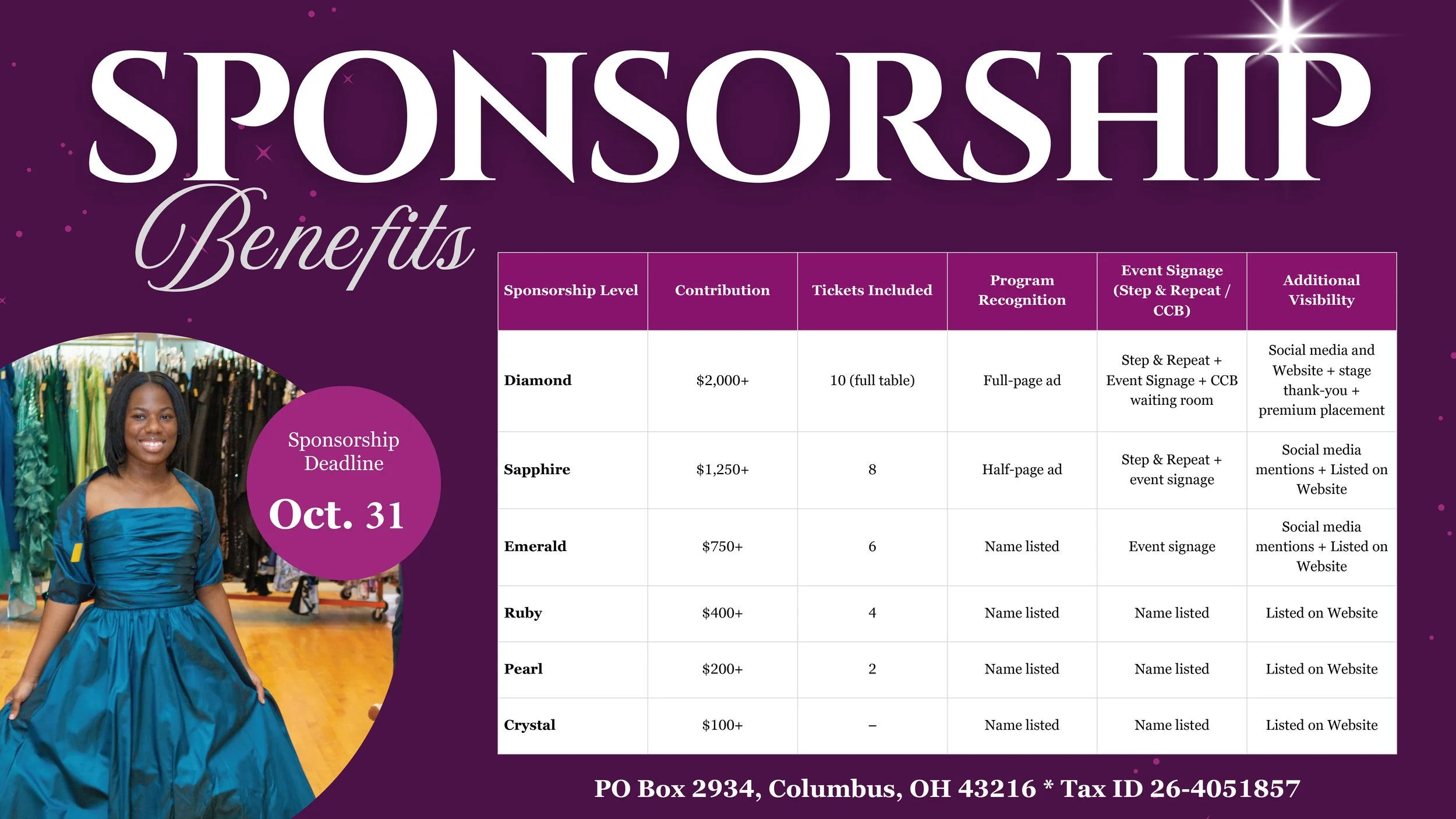 A benefit sponsorship benefits table with sponsorship levels, contributions, tickets included, program recognition, event signage, and additional visibility details. A woman in a blue dress standing in front of clothing racks in a retail store is visible on the left, with a purple background and the PO Box address at the bottom.