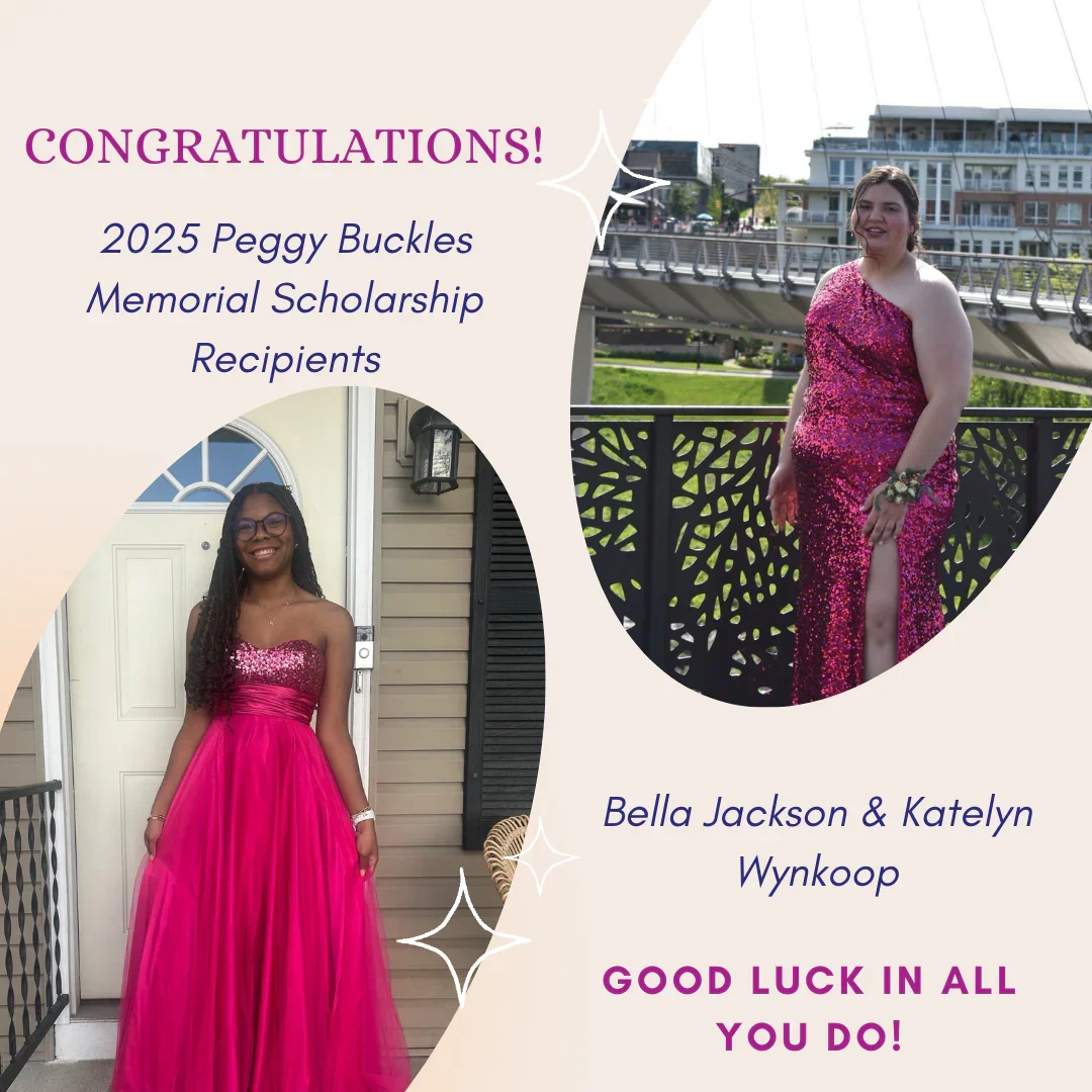A congratulatory card featuring two young women in formal dresses, celebrating Peggy Bucks Memorial Scholarship recipients in 2025, with text expressing good luck.
