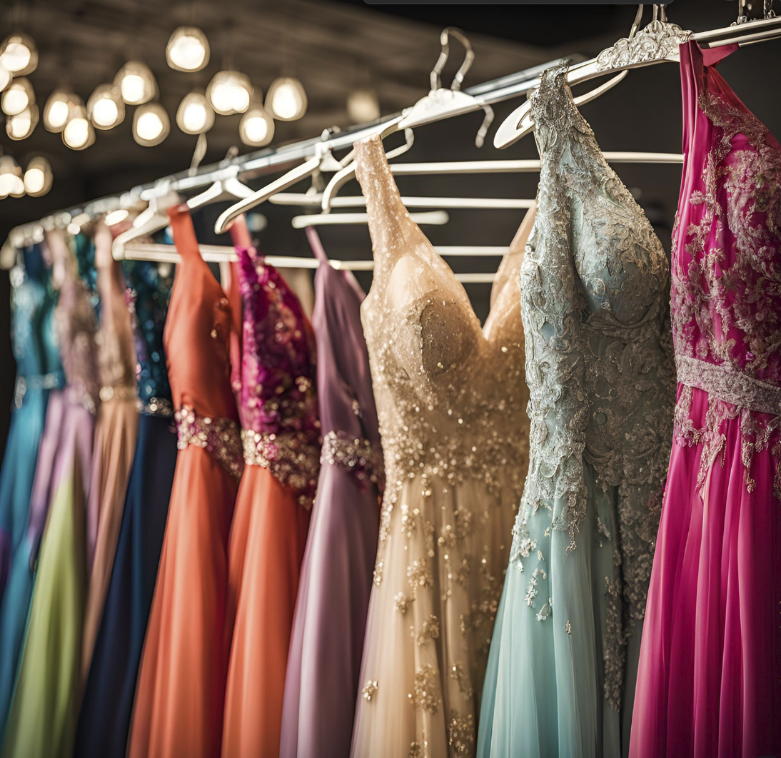 A row of colorful, ornate evening gowns hanging on a rack in a store with warm lighting.