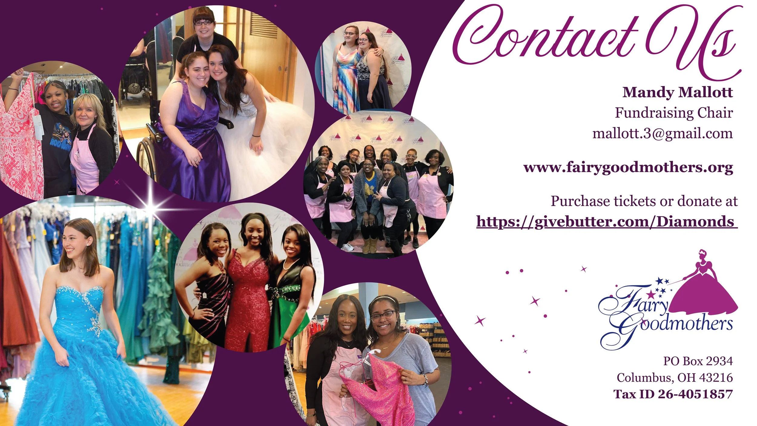 A contact information flyer for Mandy Mallott, the fundraising chair of Fairy Goodmothers organization. The flyer includes multiple images of women in dresses and at events, with contact details, website, and donation link.
