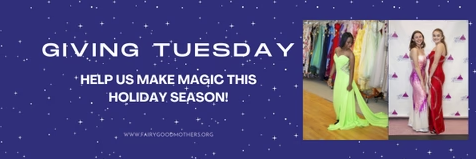 A promotional image for Giving Tuesday with a message to help make magic this holiday season. The image shows two women in colorful dresses, one in a lime green gown and the other in a red and white dress, standing in front of a clothing rack.