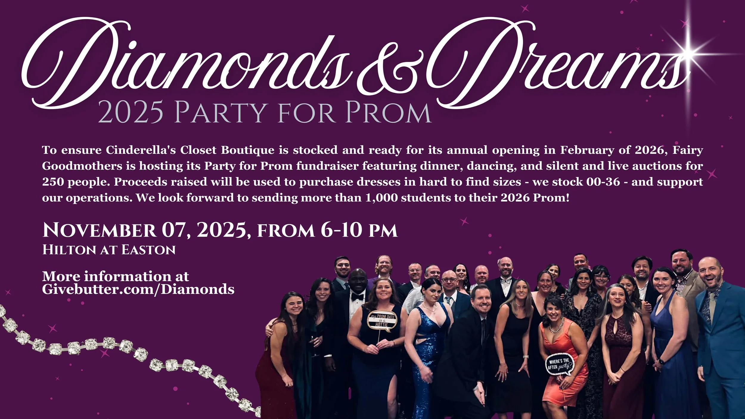 A promotional poster for the 2025 Party for Prom event, featuring a group of people dressed in formal attire, with text about the event details and a URL for more information.