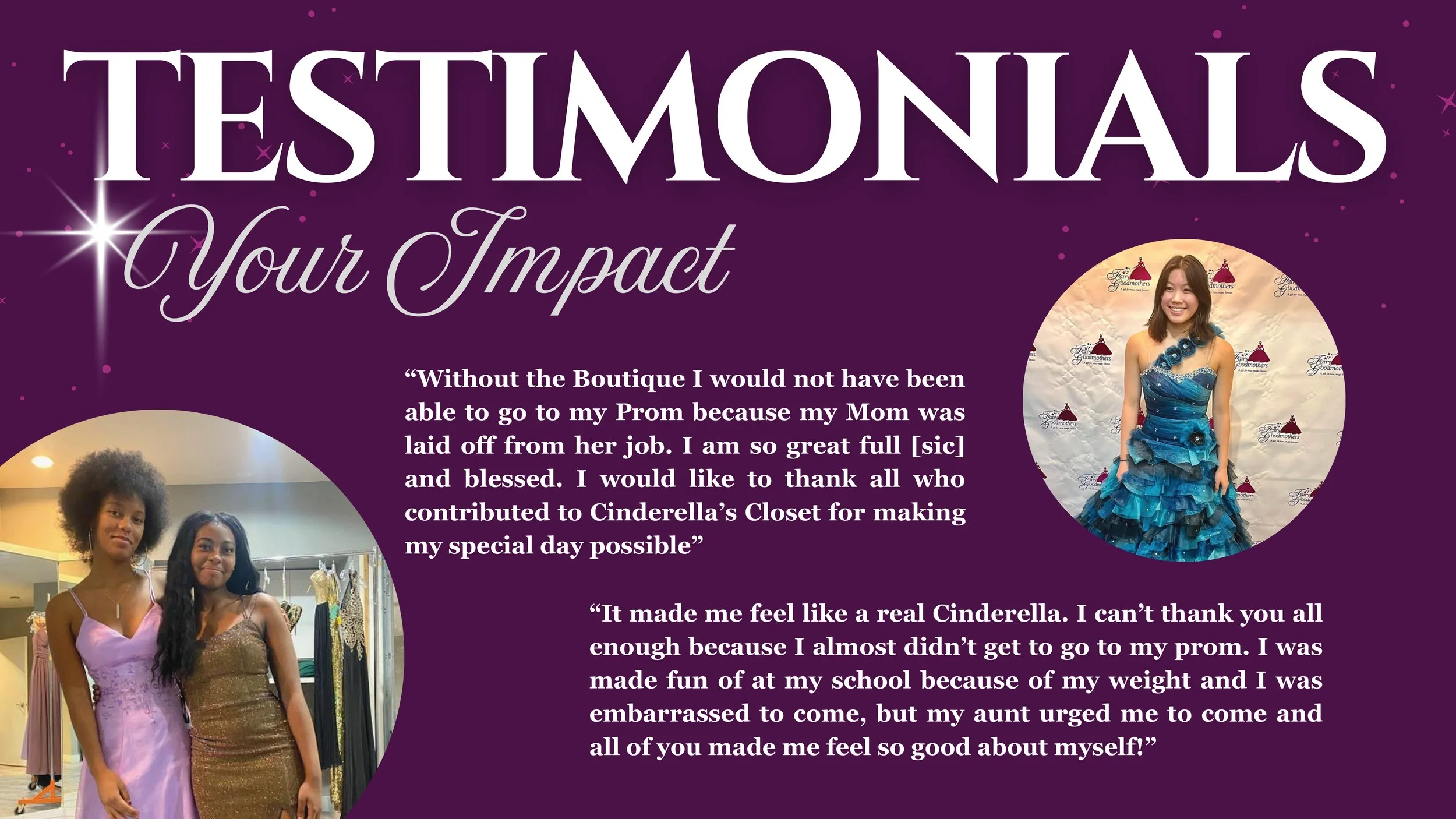 A promotional graphic titled "Testimonias Your Impact" with quotes and photos of young women in formal dresses. One woman is in a blue dress with flower embellishments, smiling at a backdrop. Another group photo shows two women in pastel and gold dresses, standing inside a store or boutique.