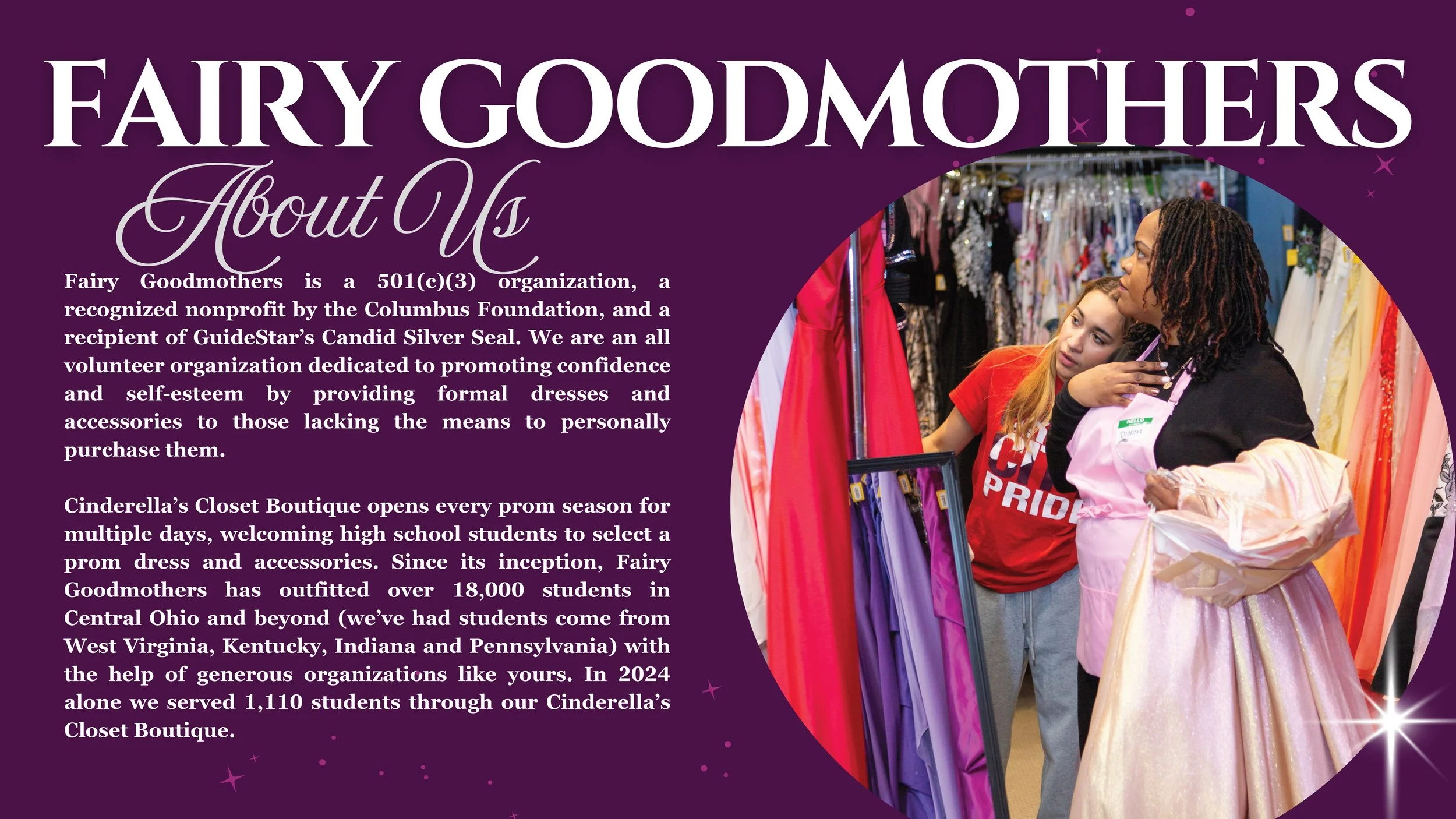 A woman with dreadlocks and a black sweater helping a young girl try on a pink princess dress in Fairy Goodmothers' dress boutique, with racks of dresses visible in the background.