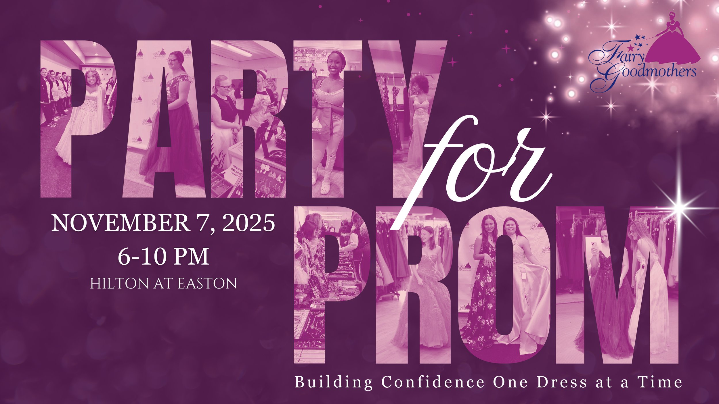 Event poster for Pink for the Princess, scheduled for November 7, 2025, from 6 to 10 PM at Hilton at Easton, featuring images of girls in princess dresses, and the text 'Building Confidence One Dress at a Time' along with the logo of Marry Goodmothers.