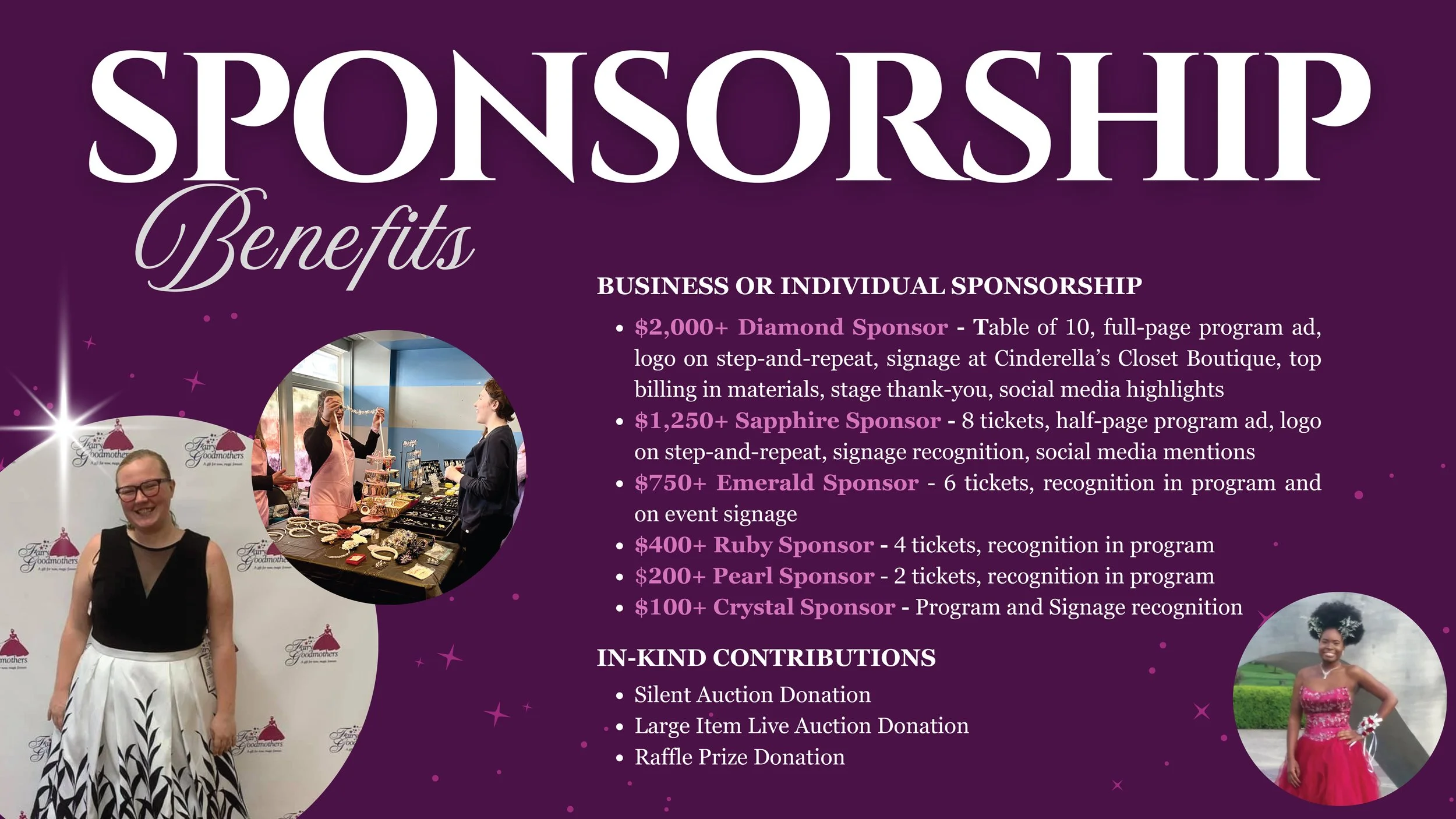 A poster showcasing sponsorship benefits and donation options for an event, with images of smiling women and tables of jewelry.