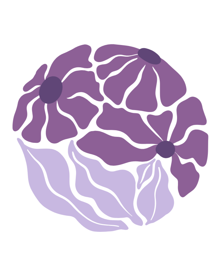 A stylized illustration of a flower with purple petals and a large purple leaf, set against a black background.