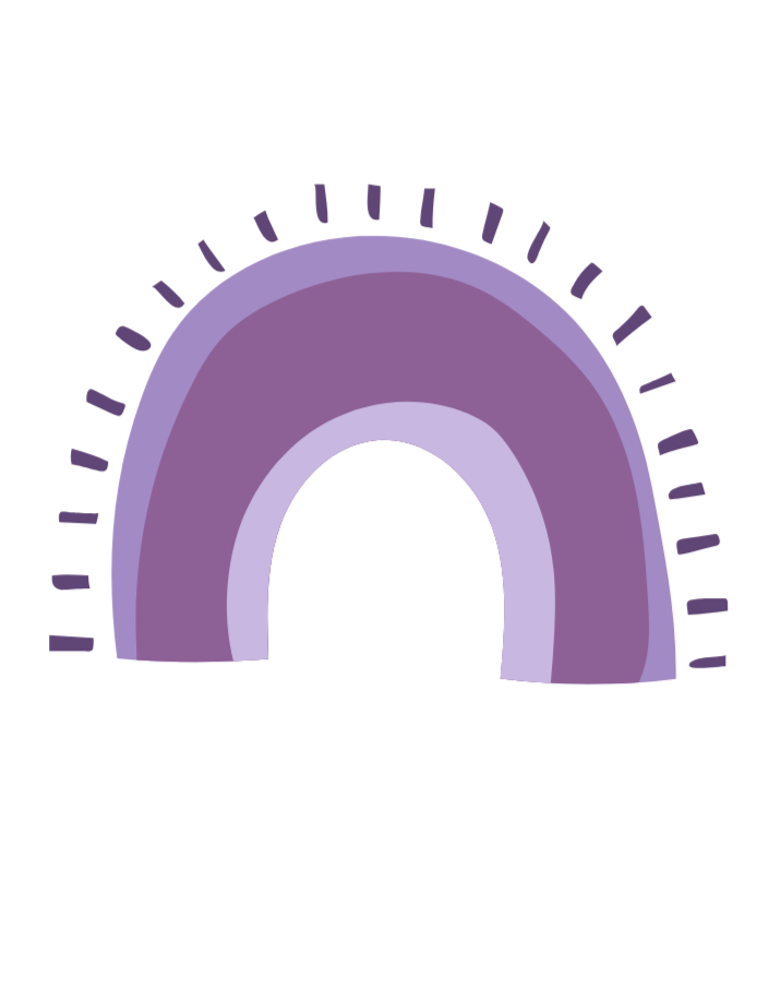 Illustration of a purple rainbow with two shades, surrounded by small purple lines, on a black background.