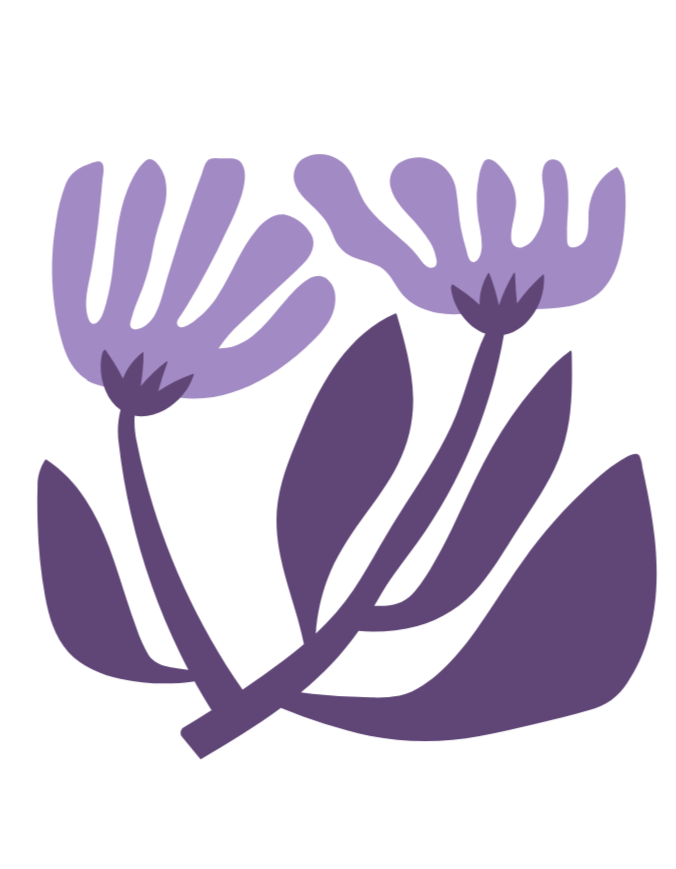 Stylized purple flower illustration with large petals and leaves on a black background.