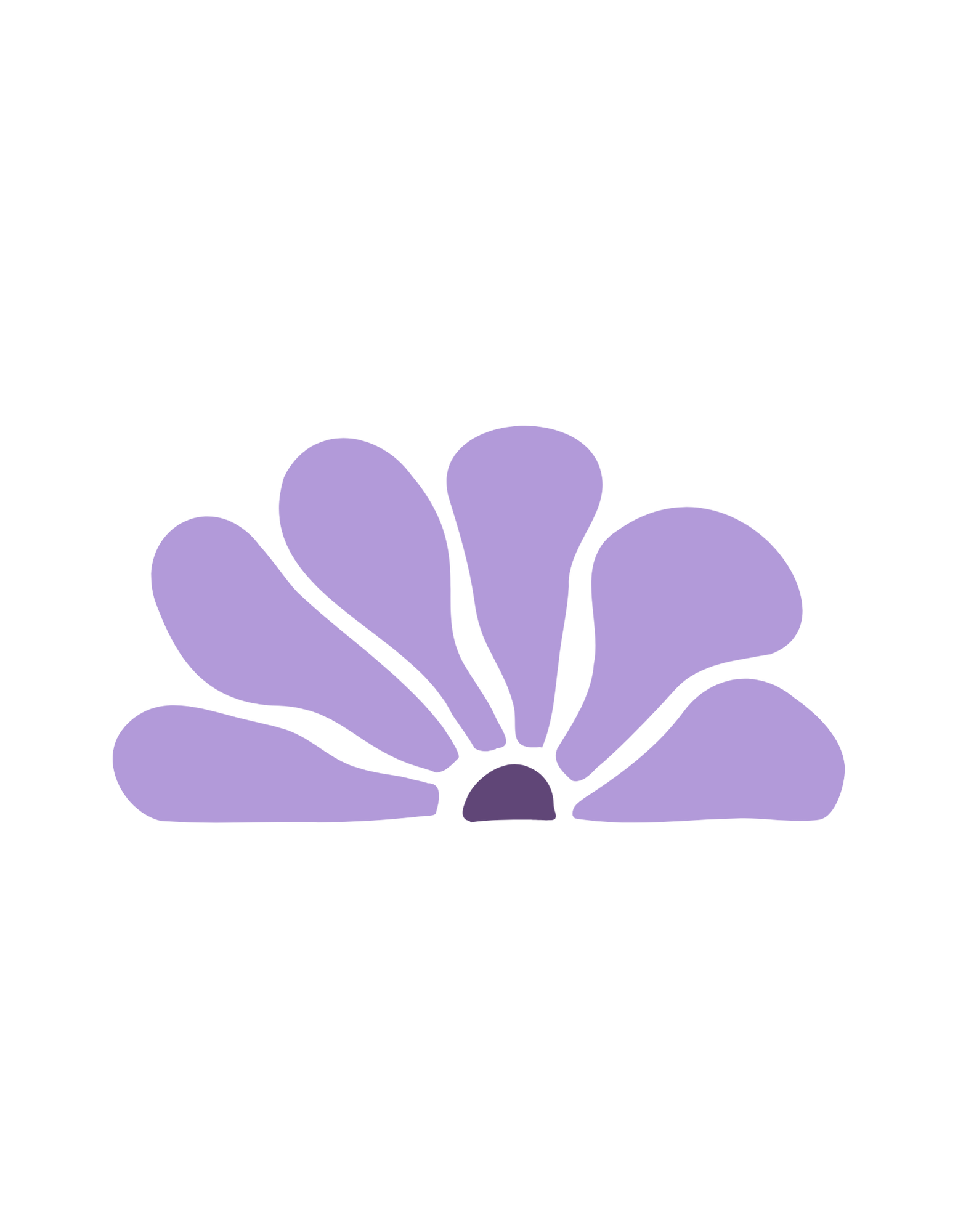 A stylized illustration of a purple flower with black outline and a dark purple center.