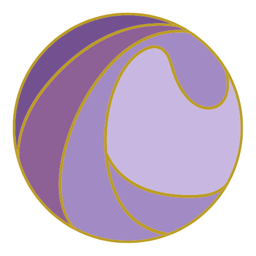 Illustration of a volleyball with purple and lavender panels outlined in gold.