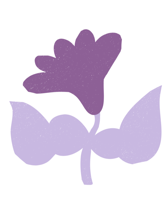 A stylized purple flower with three petals and two leaves on a black background.