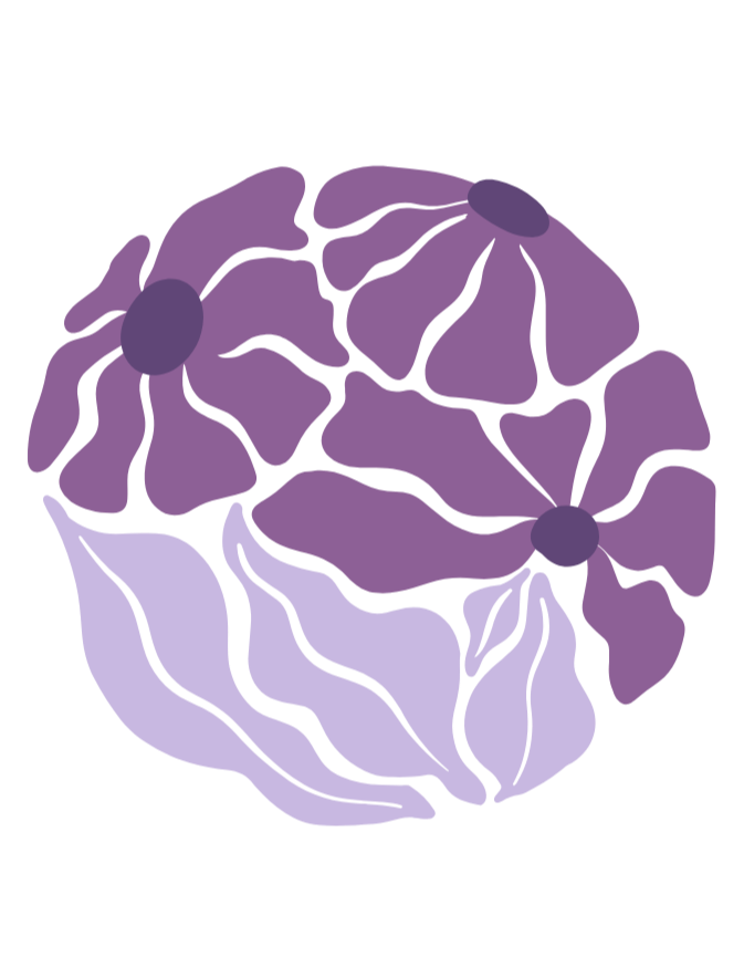 A digital illustration of three purple flowers with dark centers, surrounded by purple leaves, against a black background.