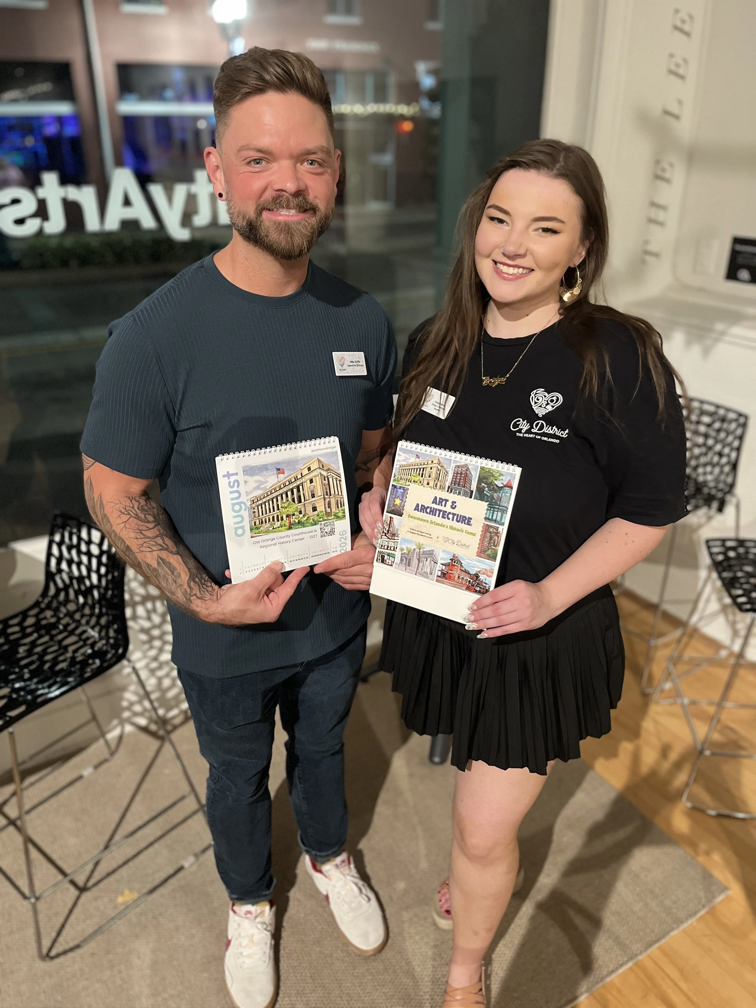 Orlando artist Bridget Hartig’s partnership with City District Orlando, 2026 watercolor historical appreciation desk calendar. 